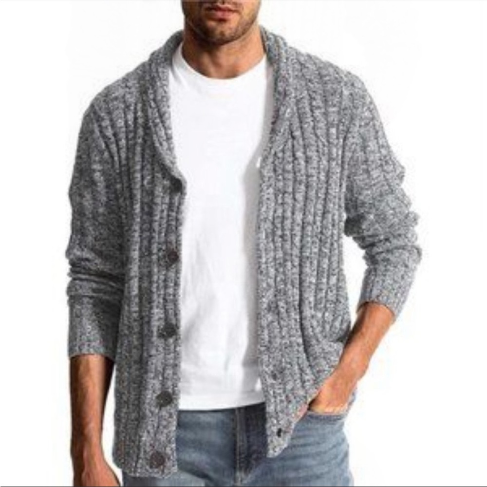 Men's Cardigan Sweater Cable Knitted Slim Fit Grey